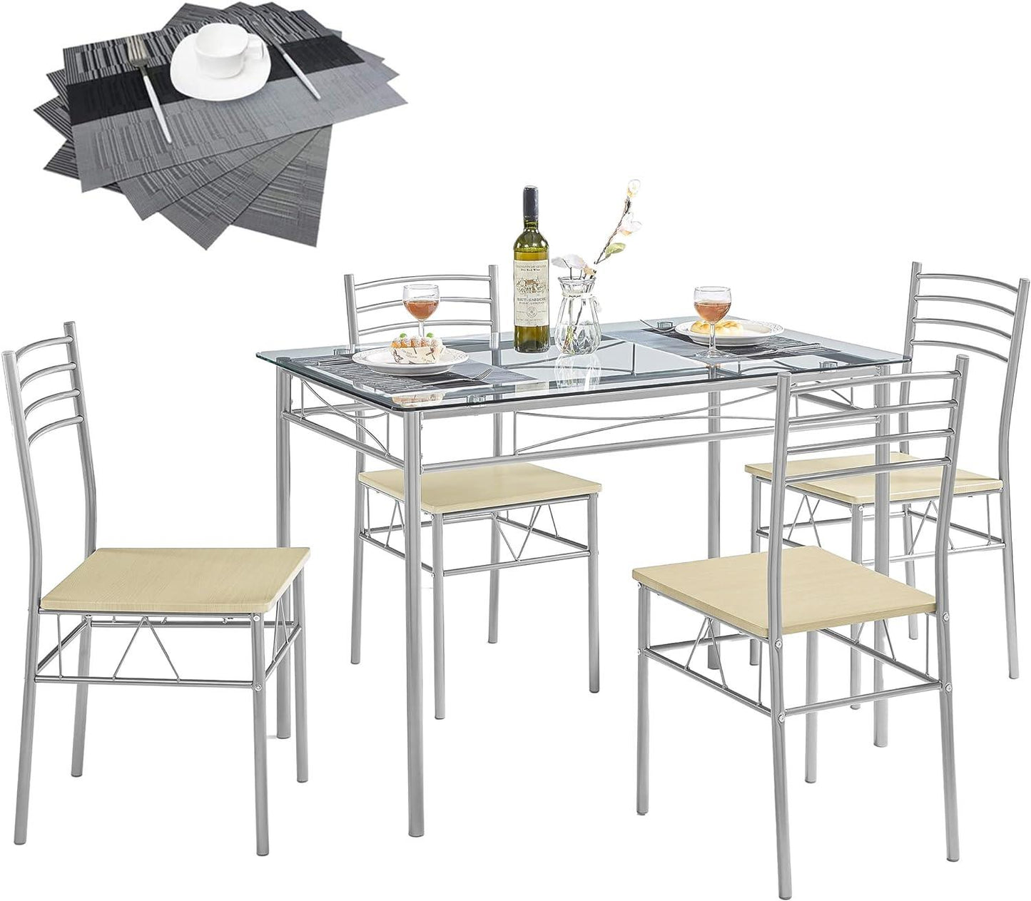 VECELO Modernes rechteckiges 5-teiliges Esszimmertisch-Set