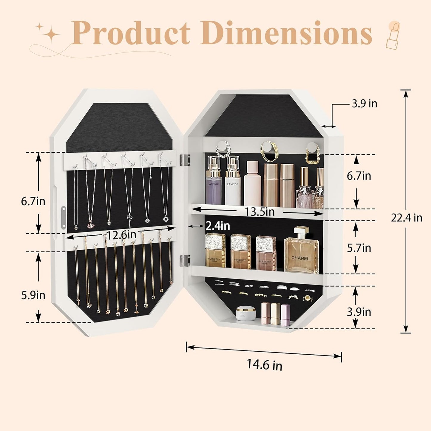 VECELO Gabinete de joyas con LED, organizador de joyas de pared/para colgar con espejo iluminado sin marco