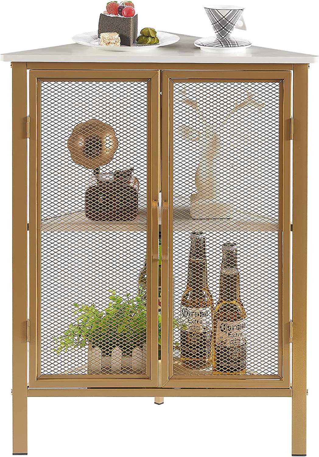 VECELO 3 Tier Corner Cabinet Shelf Display Rack with Grid Doors