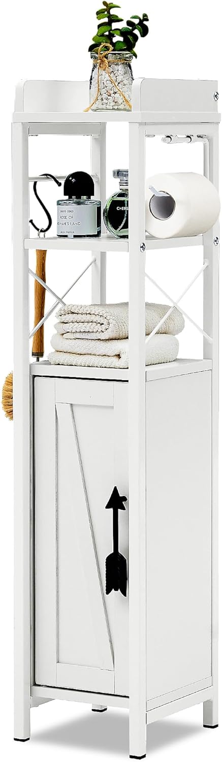 VECELO Kleiner Badezimmerschrank, schmaler Toilettenpapierhalter mit Tür & 2 Ablagen