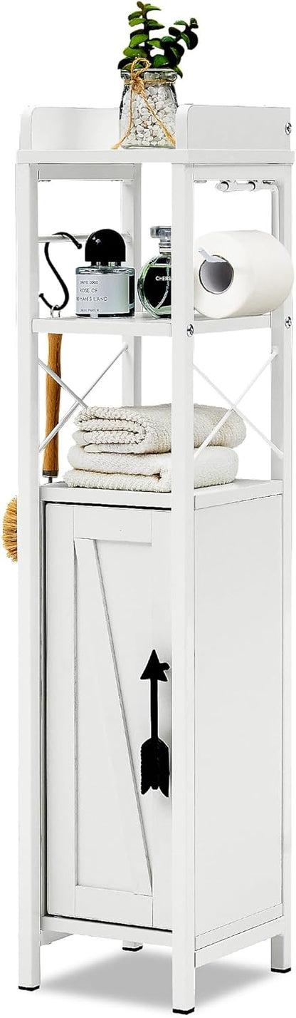 VECELO Kleiner Badezimmerschrank, schmaler Toilettenpapierhalter mit Tür & 2 Ablagen
