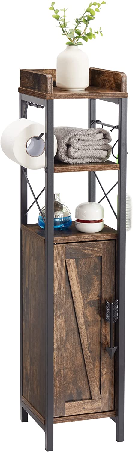 VECELO Kleiner Badezimmerschrank, schmaler Toilettenpapierhalter mit Tür & 2 Ablagen