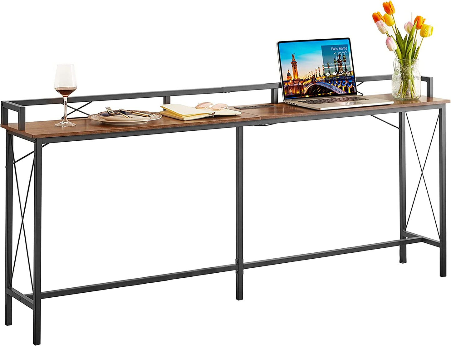 VECELO Mesa consola extra larga para recibidor, para detrás del sofá, estrecha, con toma de corriente y puertos USB