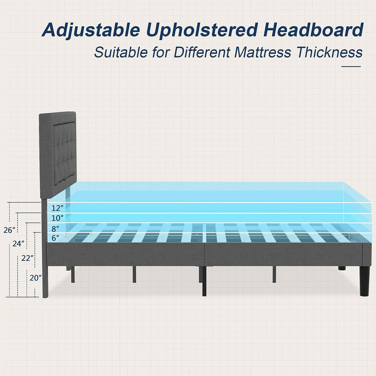 Base de cama tapizada VECELO con cabecero de altura ajustable