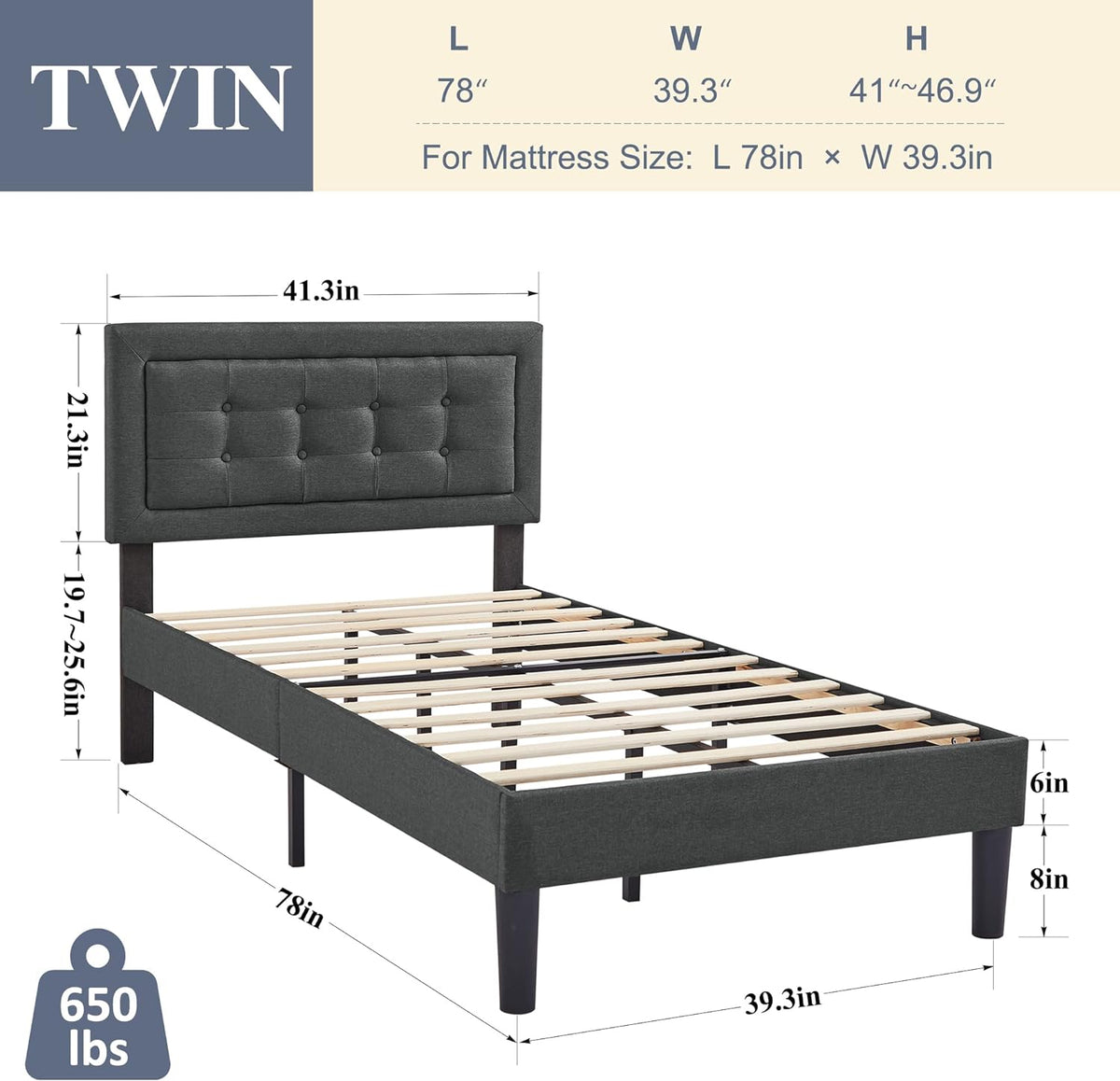 Base de cama tapizada VECELO con cabecero de altura ajustable