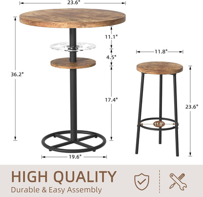 VECELO 3 Piece Bar Table Set, Small 2-Tier Round Pub Table with Barstools