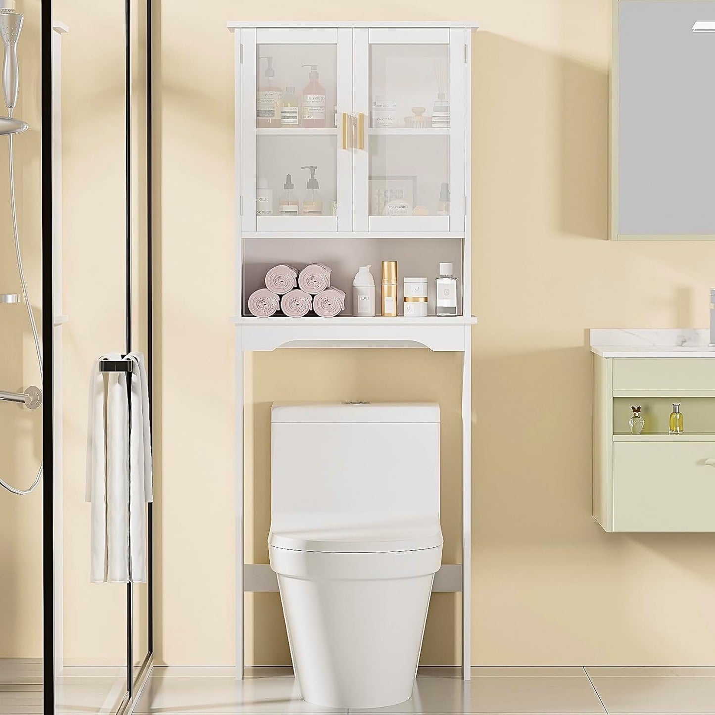 Gabinete de almacenamiento VECELO para colocar sobre el inodoro, organizador de baño con puertas dobles de vidrio templado y dispositivo antivuelco