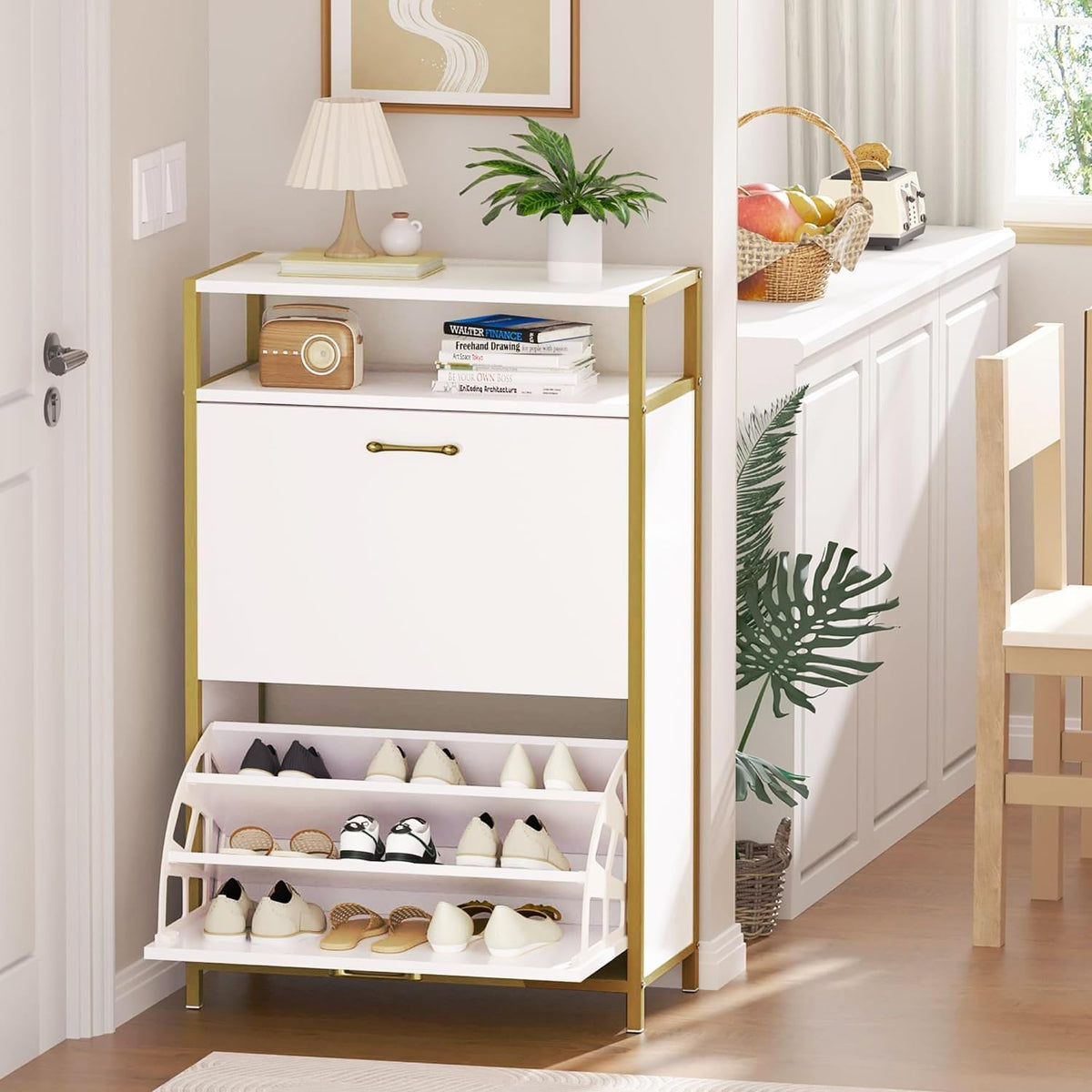 VECELO Shoe Storage Cabinet with 2 Flip Drawers