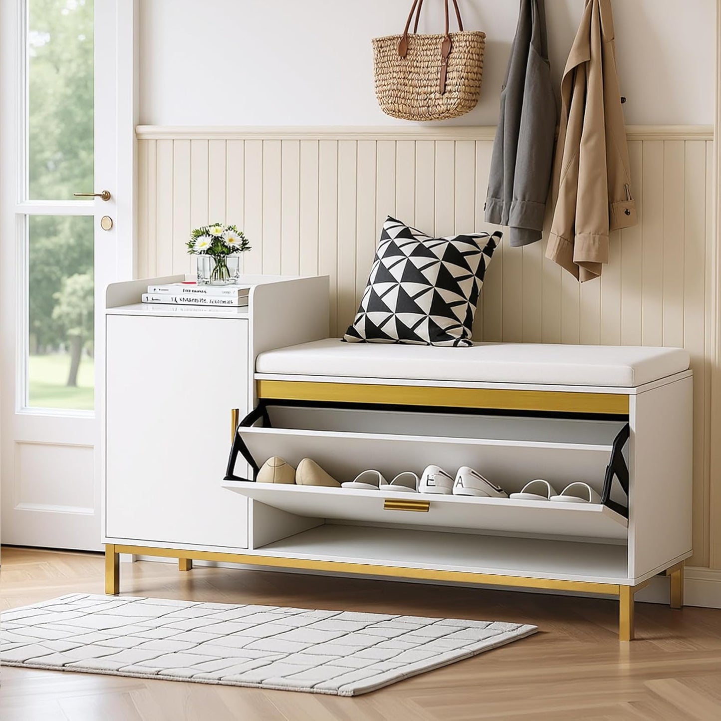 VECELO 2-Tier Shoe Storage Bench with Flip Drawers
