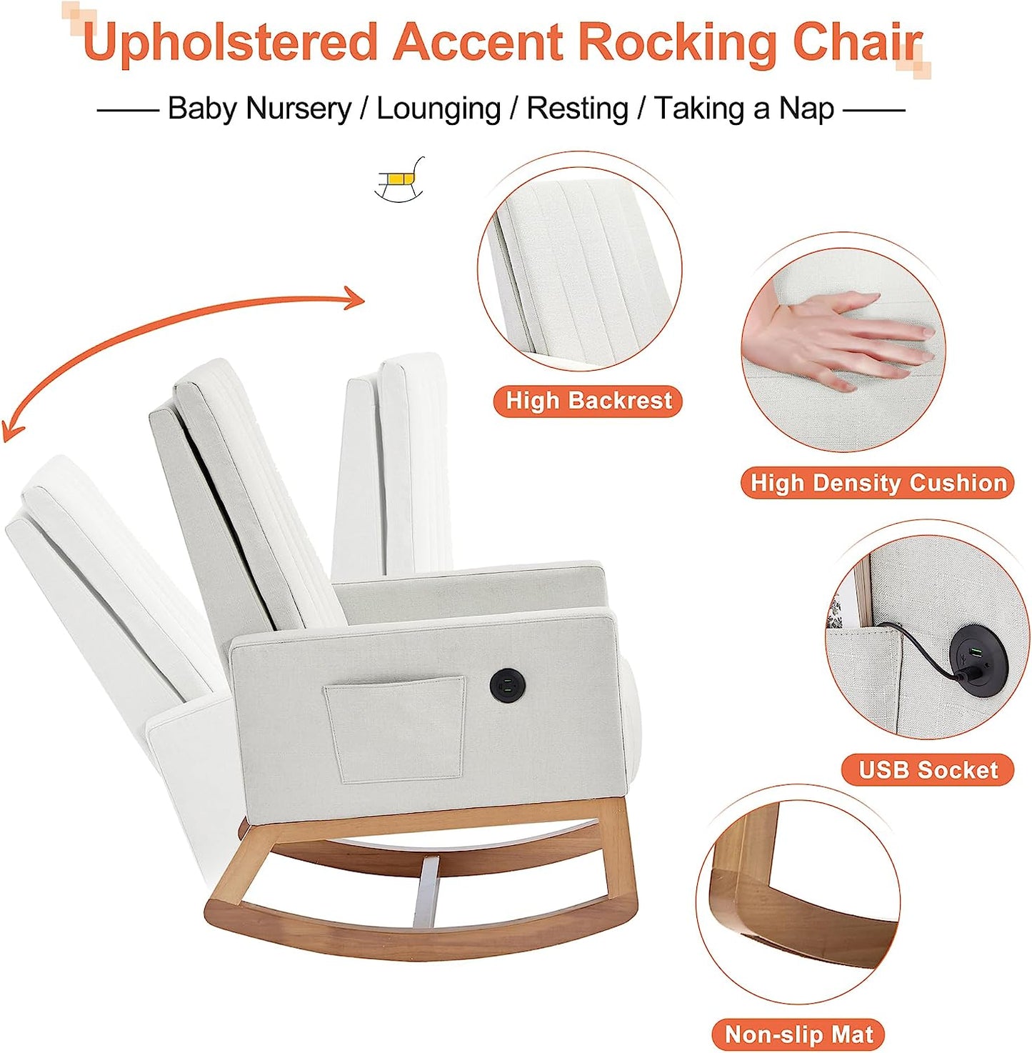 VECELO mecedora tapizada para guardería, sillón reclinable con respaldo alto, sillón cómodo con bolsillo lateral y puerto USB