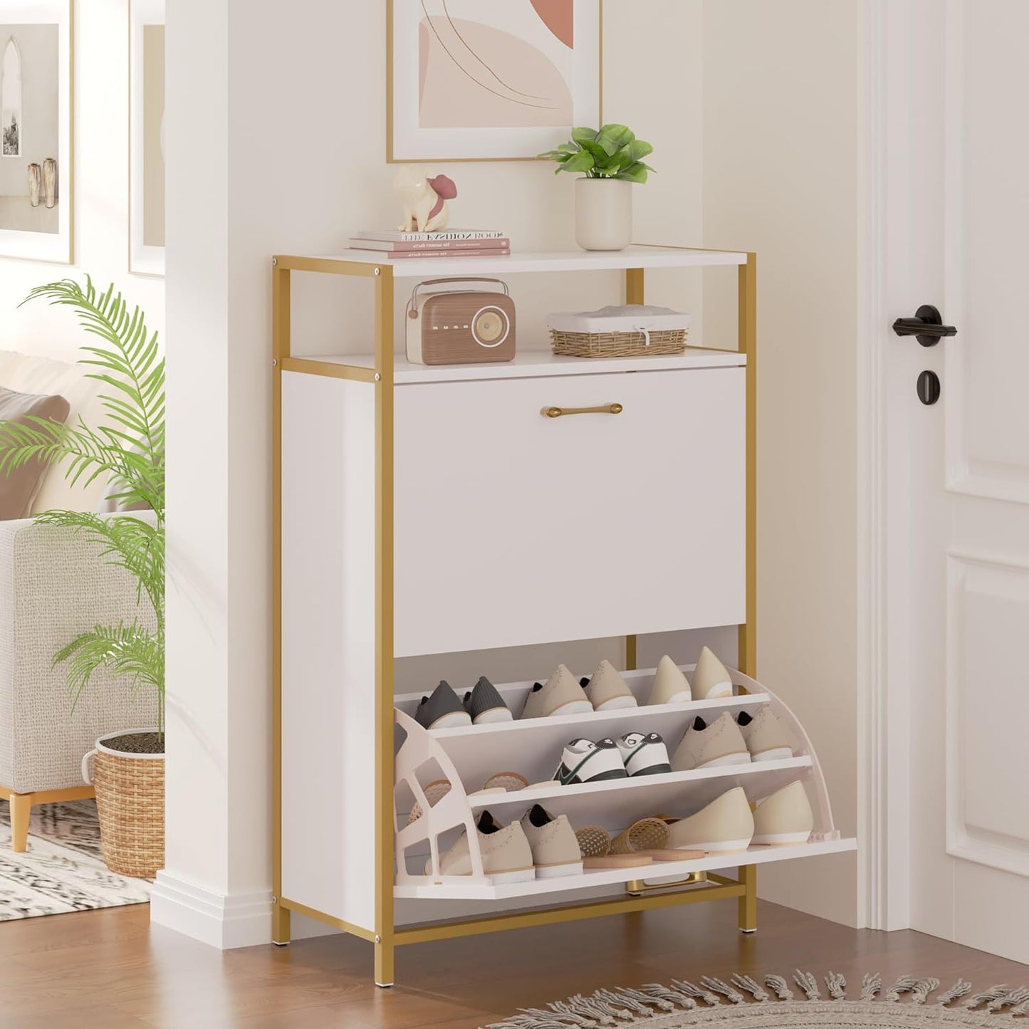 VECELO Shoe Storage Cabinet with 2 Flip Drawers