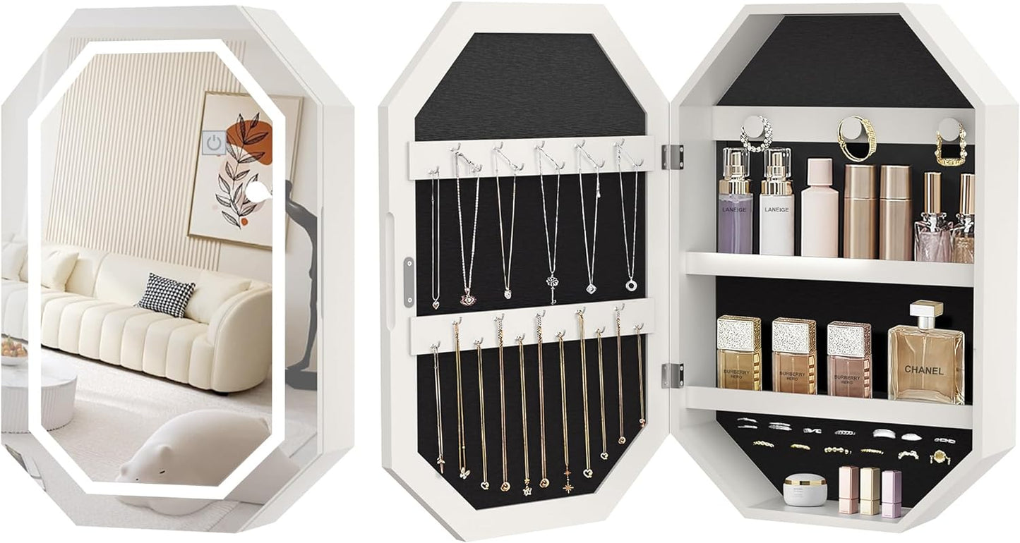 VECELO Gabinete de joyas con LED, organizador de joyas de pared/para colgar con espejo iluminado sin marco