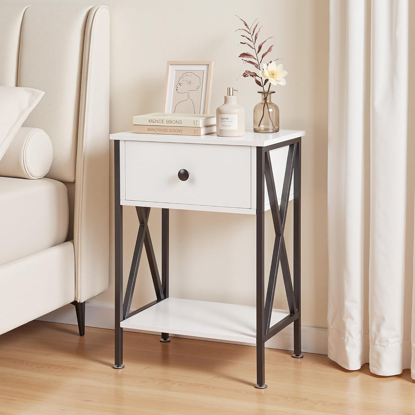 VECELO Versatile Nightstand X-Design End Side Table with Bin Drawer, 1 pack/2packs
