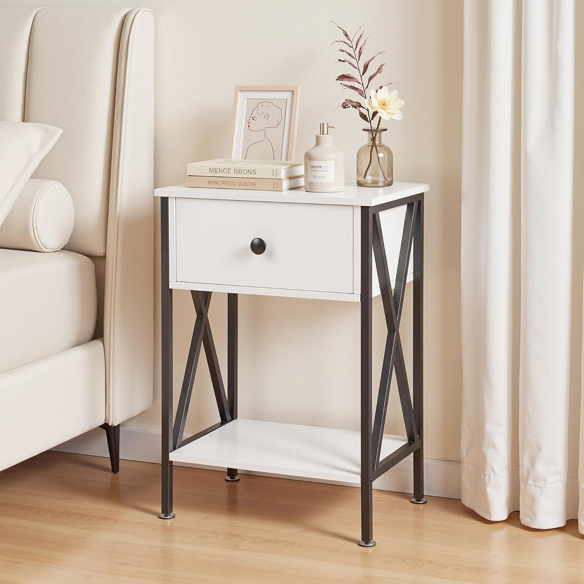VECELO Versatile Nightstand X-Design End Side Table with Bin Drawer, 1 pack/2packs
