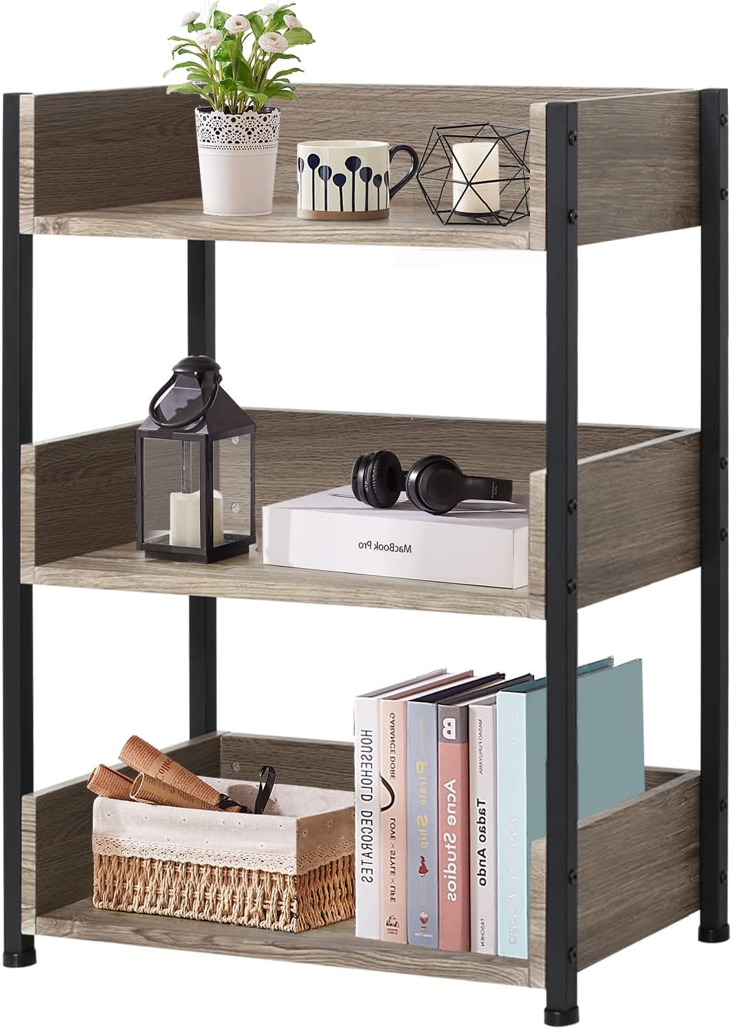 VECELO 3-stöckiges Bücherregal, kleines Ablageregal, industrielles Standregal