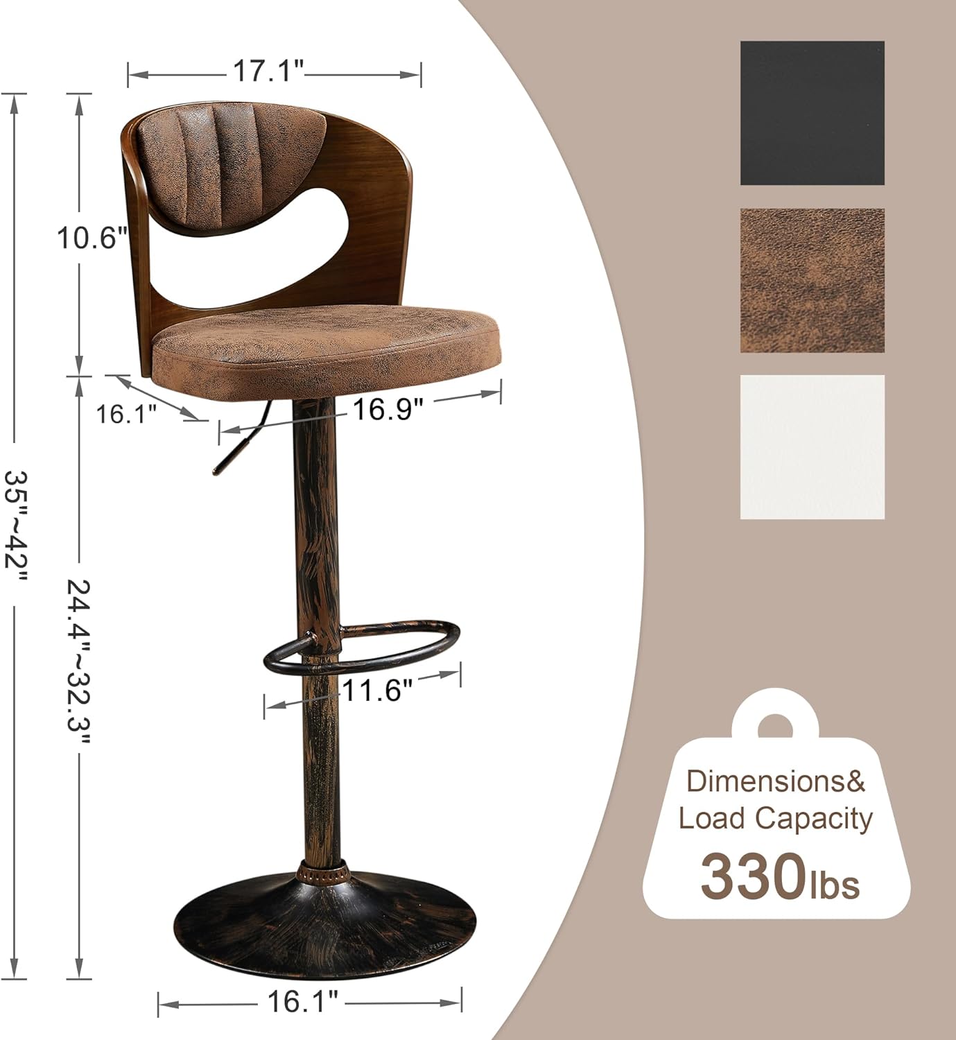 Juego de 2 taburetes de bar VECELO, taburetes de altura de mostrador con respaldo de madera curvada