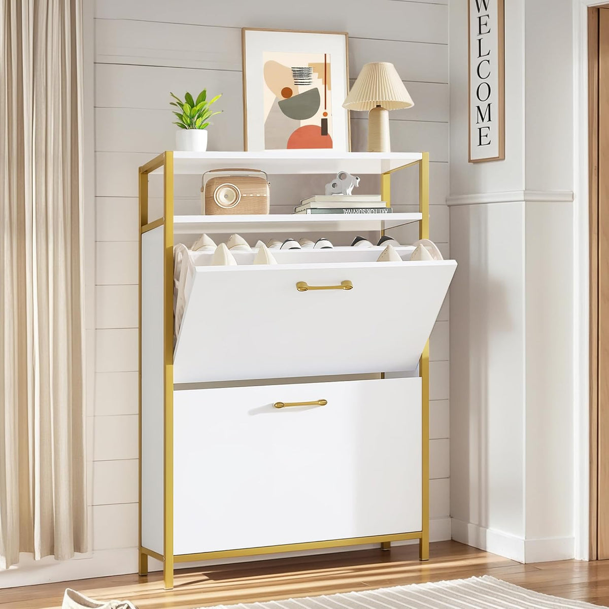 VECELO Shoe Storage Cabinet with 2 Flip Drawers