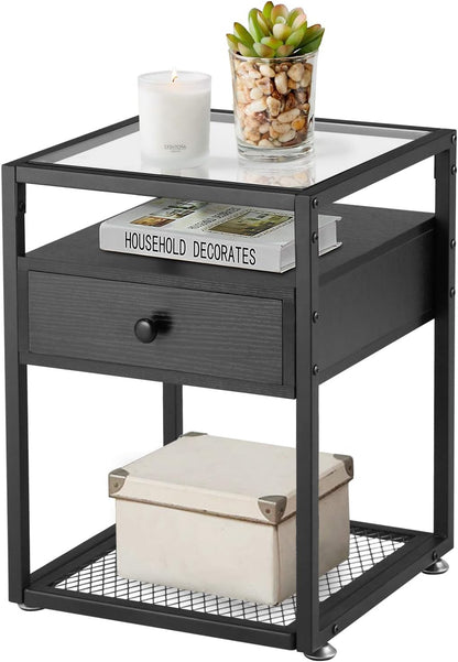 VECELO Nachttische, Beistelltische mit Glasplatte, Schublade und Regal