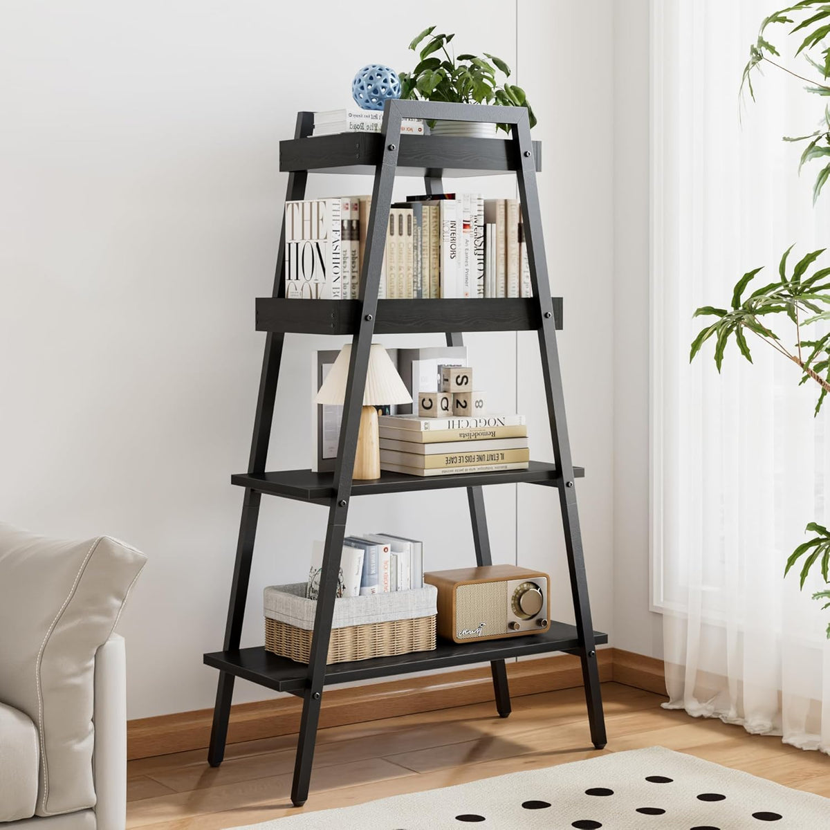 VECELO Ladder Shelf/Display Shelf 4 Tier Storage Bookcase Rack Wood & Steel