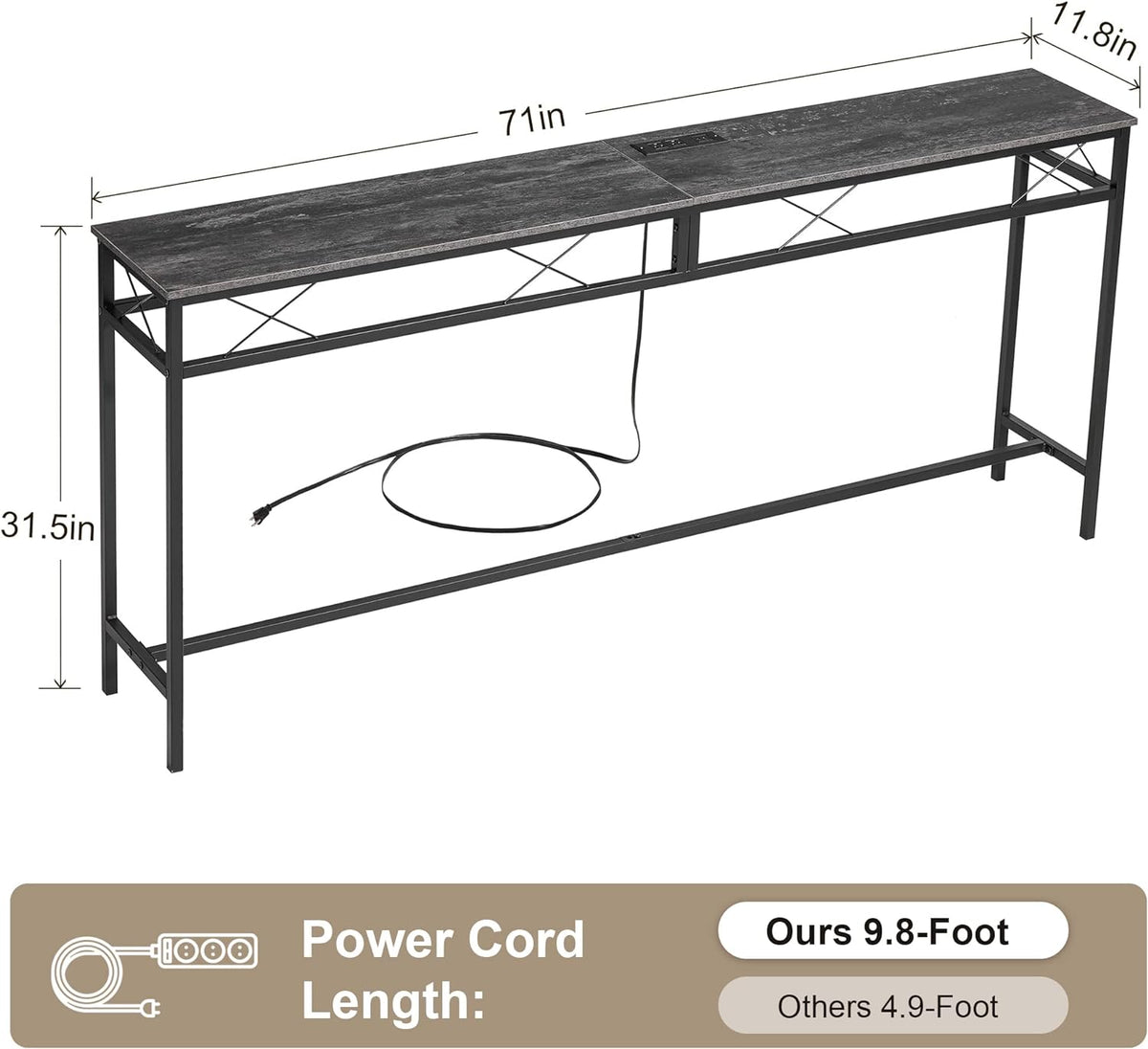 VECELO Extra Long Narrow Sofa/Console Table with Charging Station & Power Outlet and USB Ports