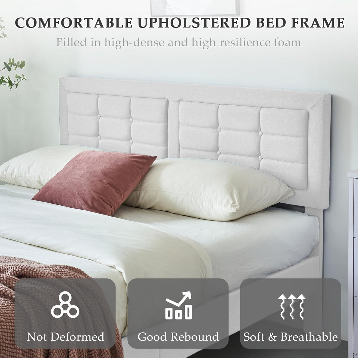 Base de cama tapizada VECELO con cabecero de altura ajustable