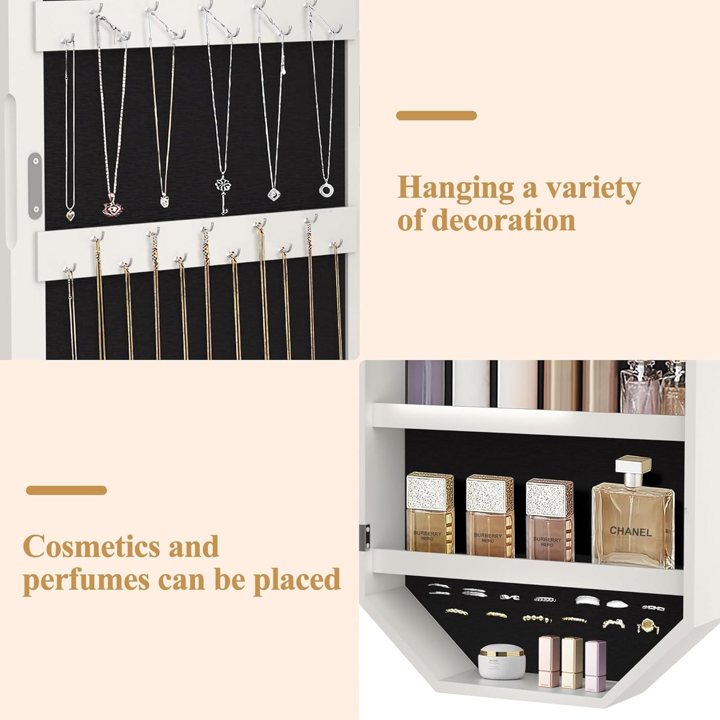 VECELO Gabinete de joyas con LED, organizador de joyas de pared/para colgar con espejo iluminado sin marco