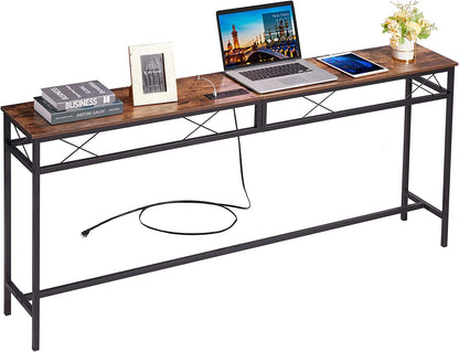 VECELO Extra Long Narrow Sofa/Console Table with Charging Station & Power Outlet and USB Ports