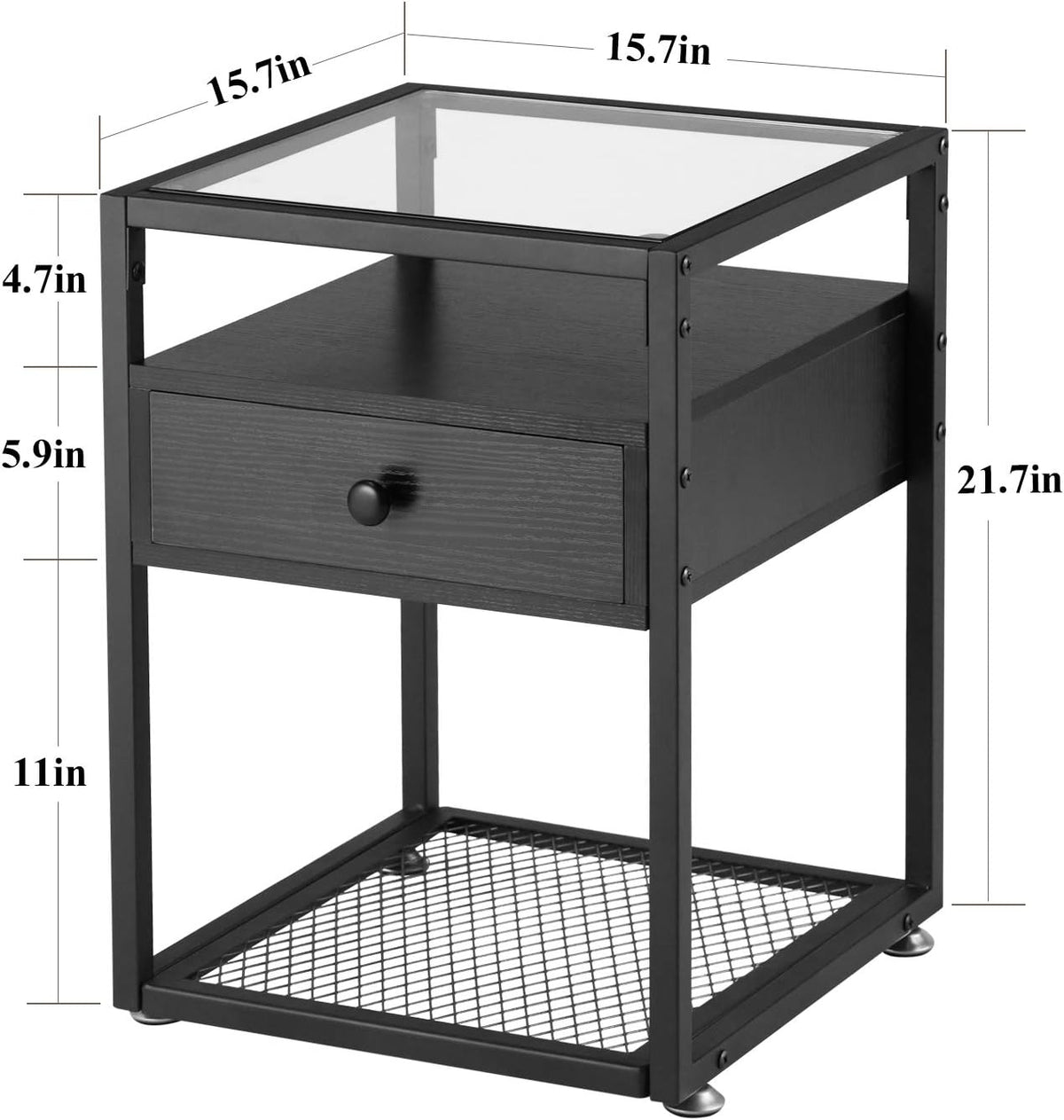 VECELO Nachttische, Beistelltische mit Glasplatte, Schublade und Regal