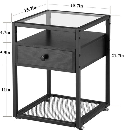 VECELO Nachttische, Beistelltische mit Glasplatte, Schublade und Regal