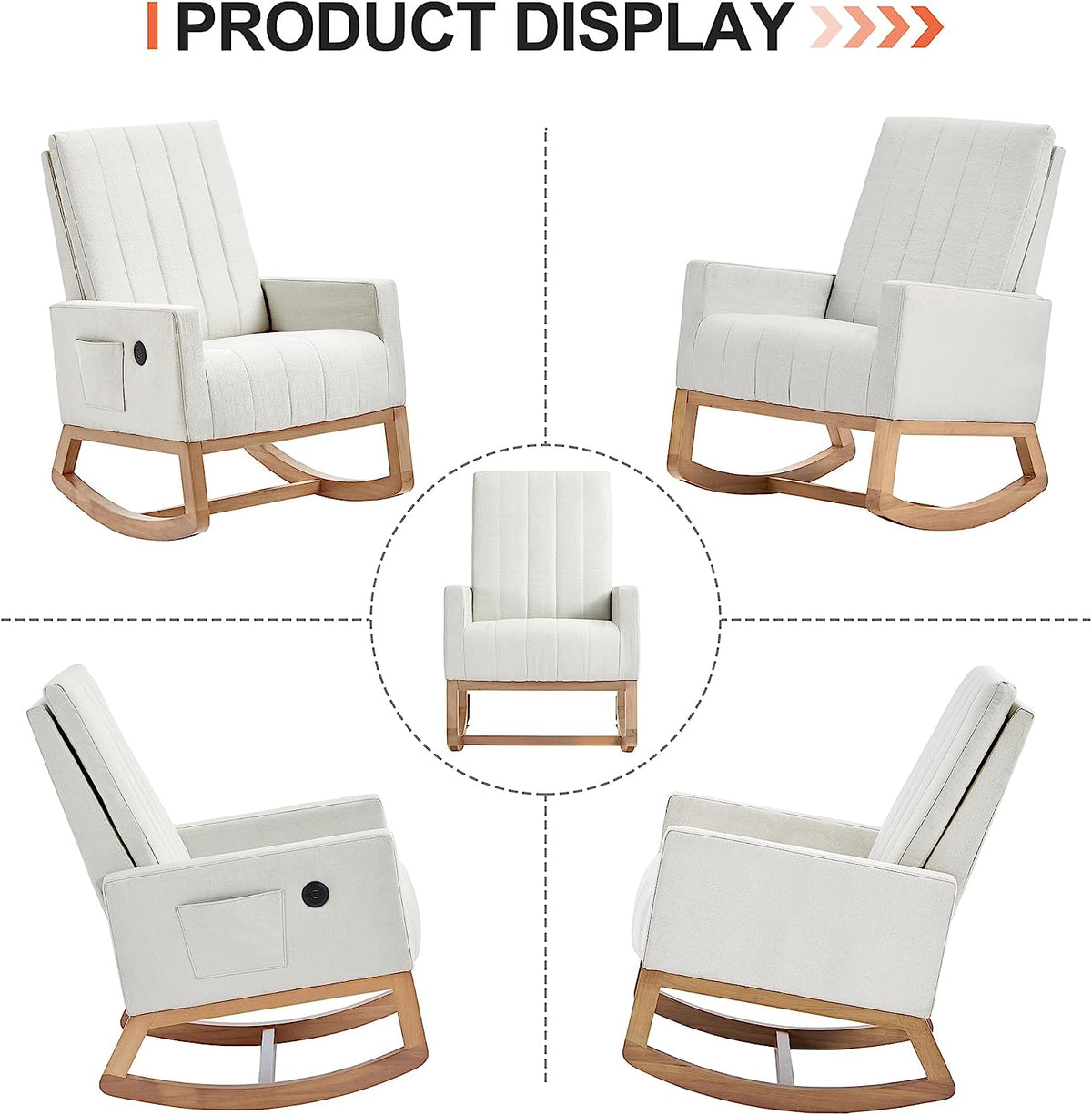 VECELO mecedora tapizada para guardería, sillón reclinable con respaldo alto, sillón cómodo con bolsillo lateral y puerto USB
