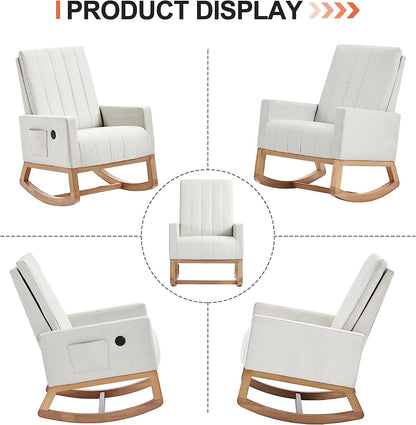 VECELO mecedora tapizada para guardería, sillón reclinable con respaldo alto, sillón cómodo con bolsillo lateral y puerto USB