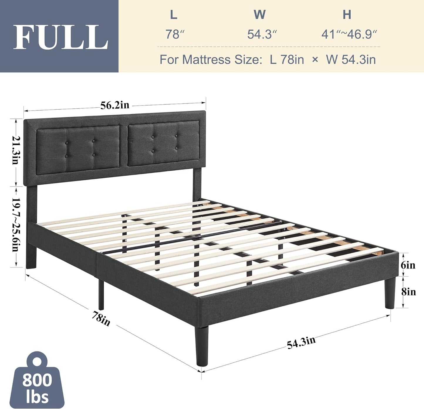 Base de cama tapizada VECELO con cabecero de altura ajustable