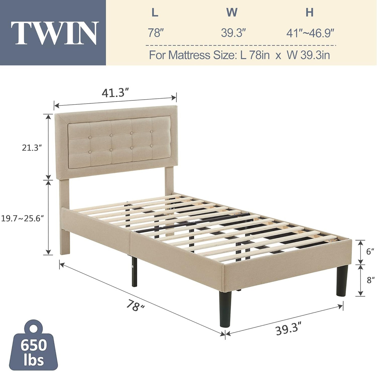 Base de cama tapizada VECELO con cabecero de altura ajustable