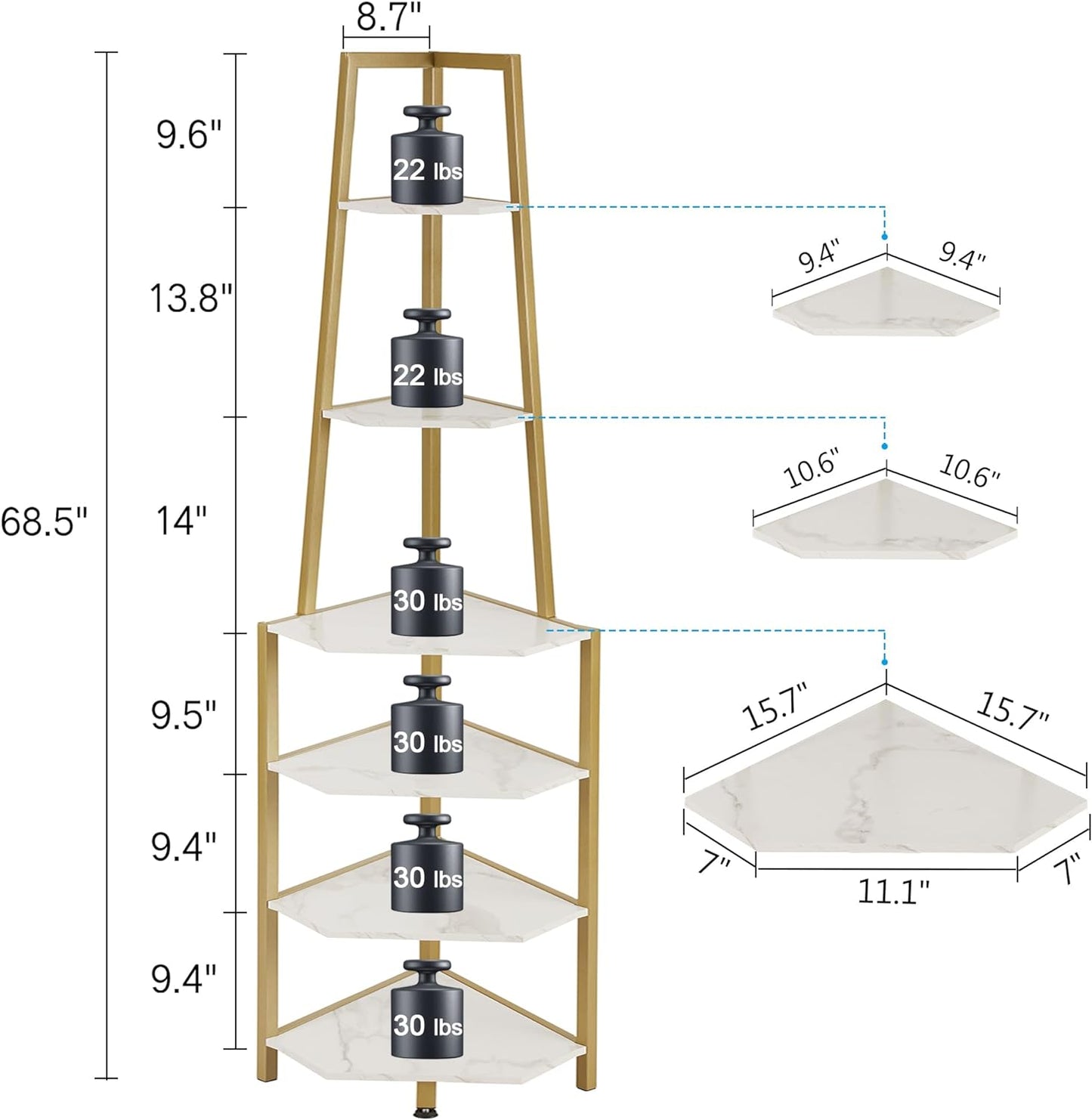VECELO 6-stöckiges Eckregal, 175 cm hohes industrielles Bücherregal/Ablageregal mit Metallrahmen