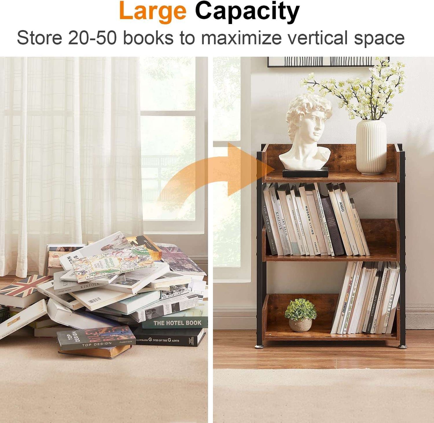 VECELO 3-stöckiges Bücherregal, kleines Ablageregal, industrielles Standregal
