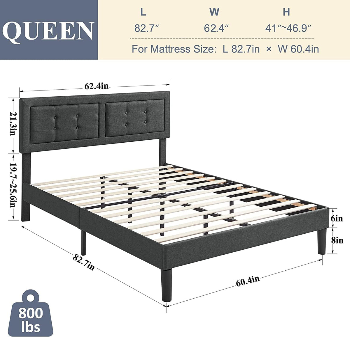 Base de cama tapizada VECELO con cabecero de altura ajustable