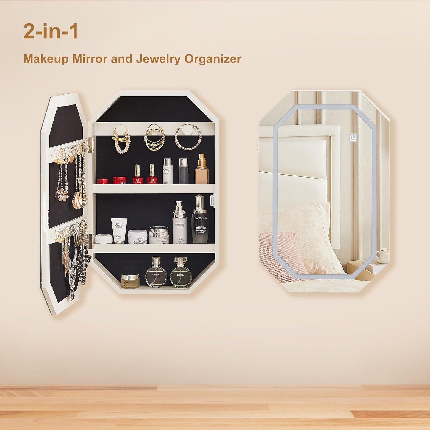 VECELO Gabinete de joyas con LED, organizador de joyas de pared/para colgar con espejo iluminado sin marco