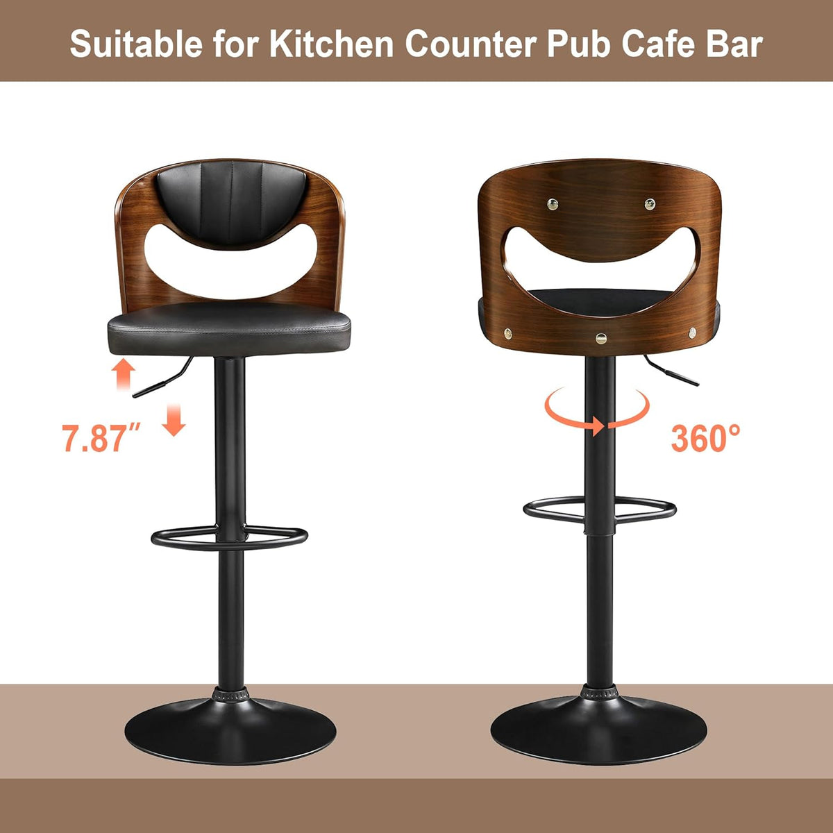 Juego de 2 taburetes de bar VECELO, taburetes de altura de mostrador con respaldo de madera curvada