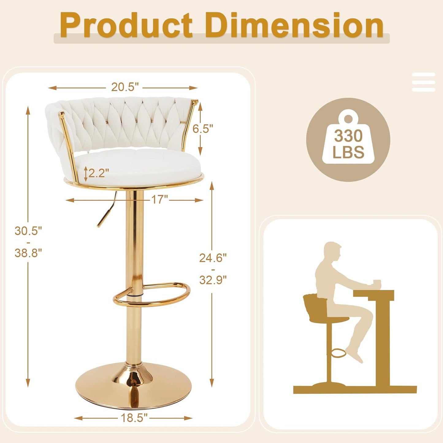 VECELO Bar Stools Set of 2, Adjustable Barstools Counter Height Stools with Back and Arm
