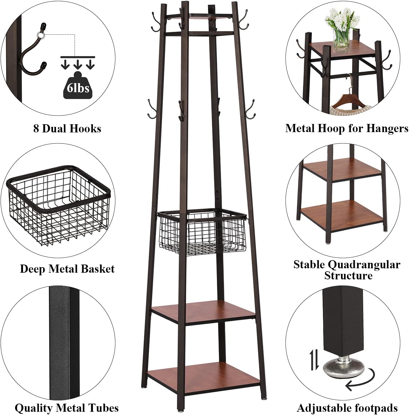 VECELO Coat Rack Freestanding Hall Tree