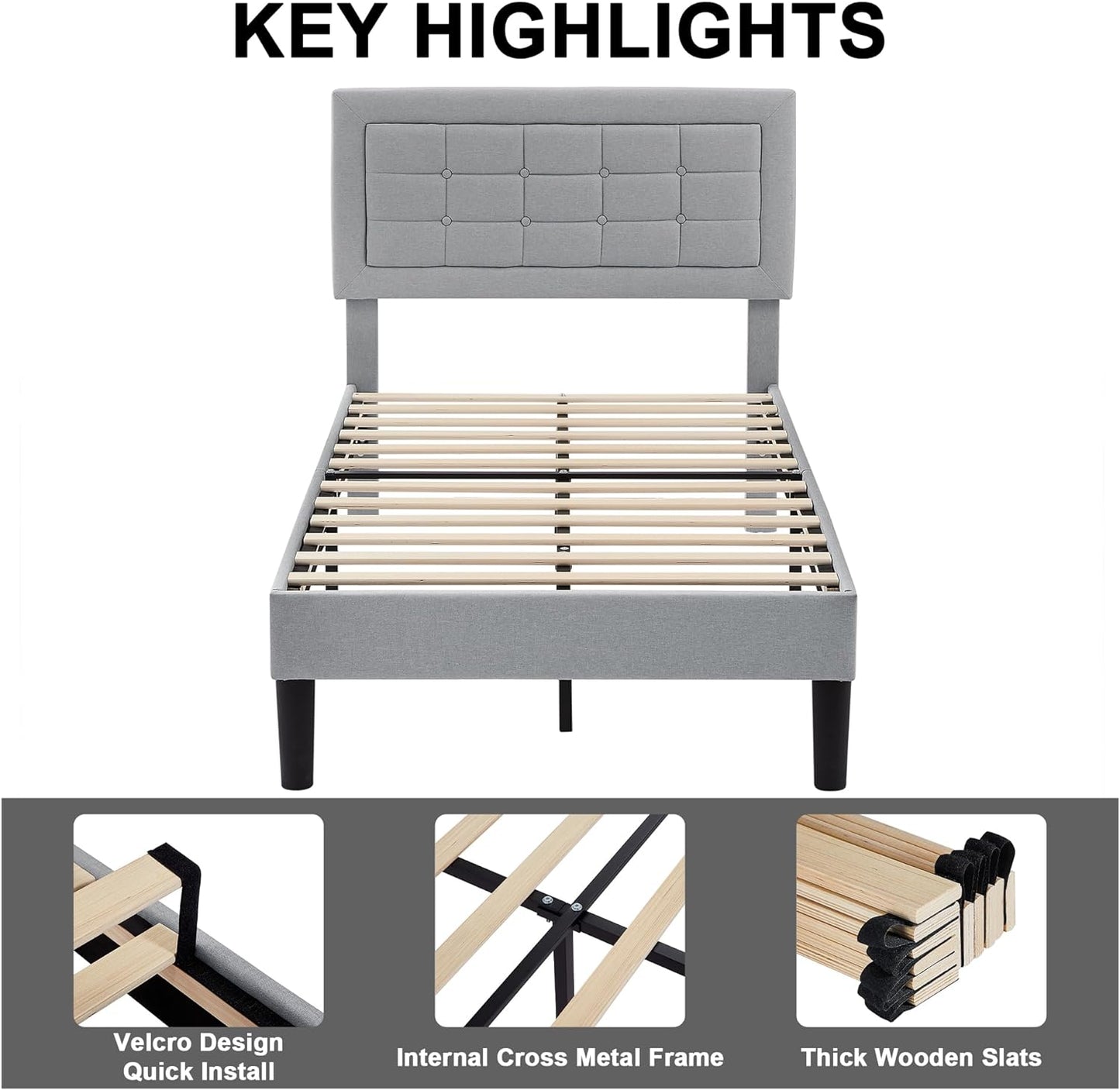Base de cama tapizada VECELO con cabecero de altura ajustable