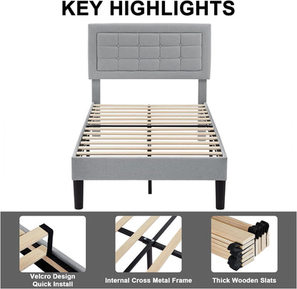 Base de cama tapizada VECELO con cabecero de altura ajustable