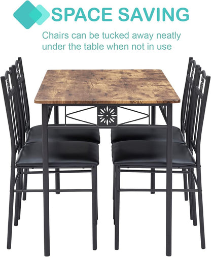 VECELO 5 Piece Dining Table Set with 4 Chairs Metal and Wood Rectangular Table