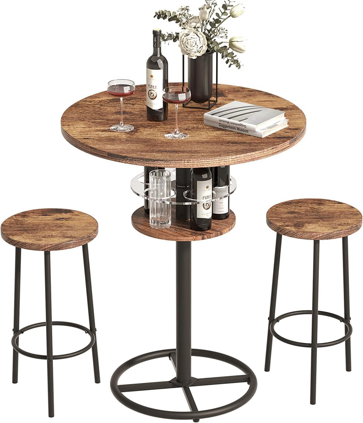 VECELO 3 Piece Bar Table Set, Small 2-Tier Round Pub Table with Barstools