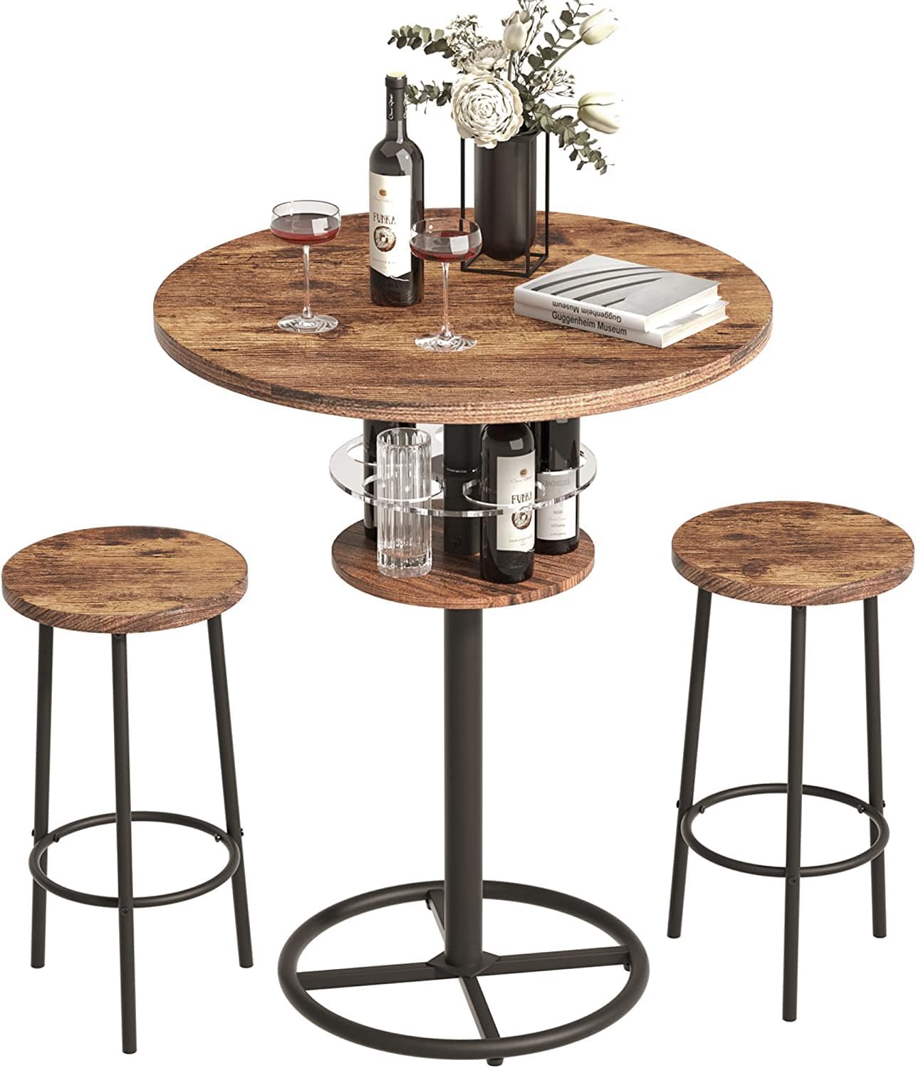 VECELO 3 Piece Bar Table Set, Small 2-Tier Round Pub Table with Barstools