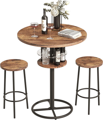 VECELO 3 Piece Bar Table Set, Small 2-Tier Round Pub Table with Barstools