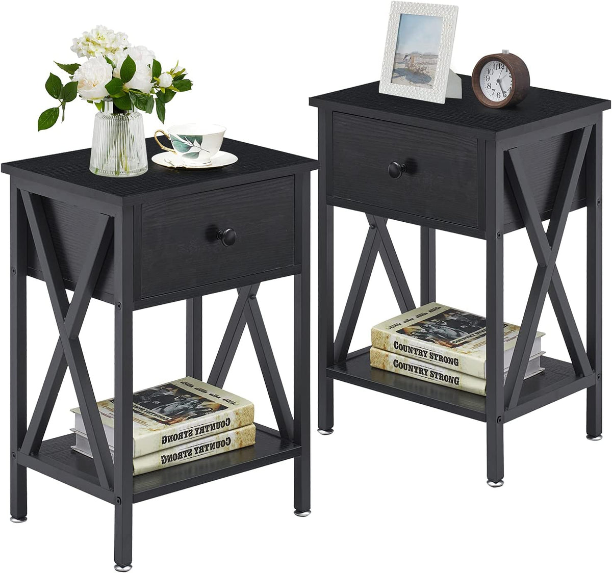 VECELO Versatile Nightstand X-Design End Side Table with Bin Drawer, 1 pack/2packs