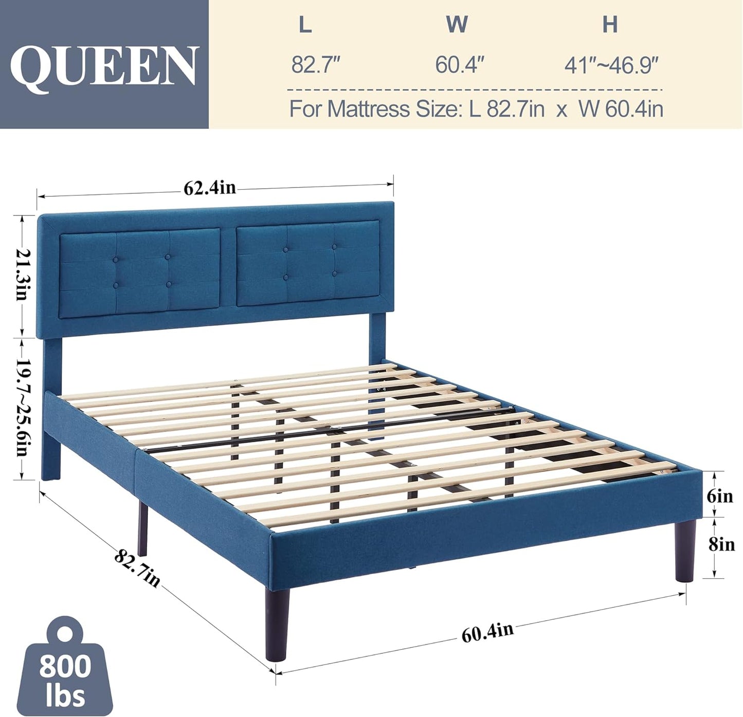 Base de cama tapizada VECELO con cabecero de altura ajustable