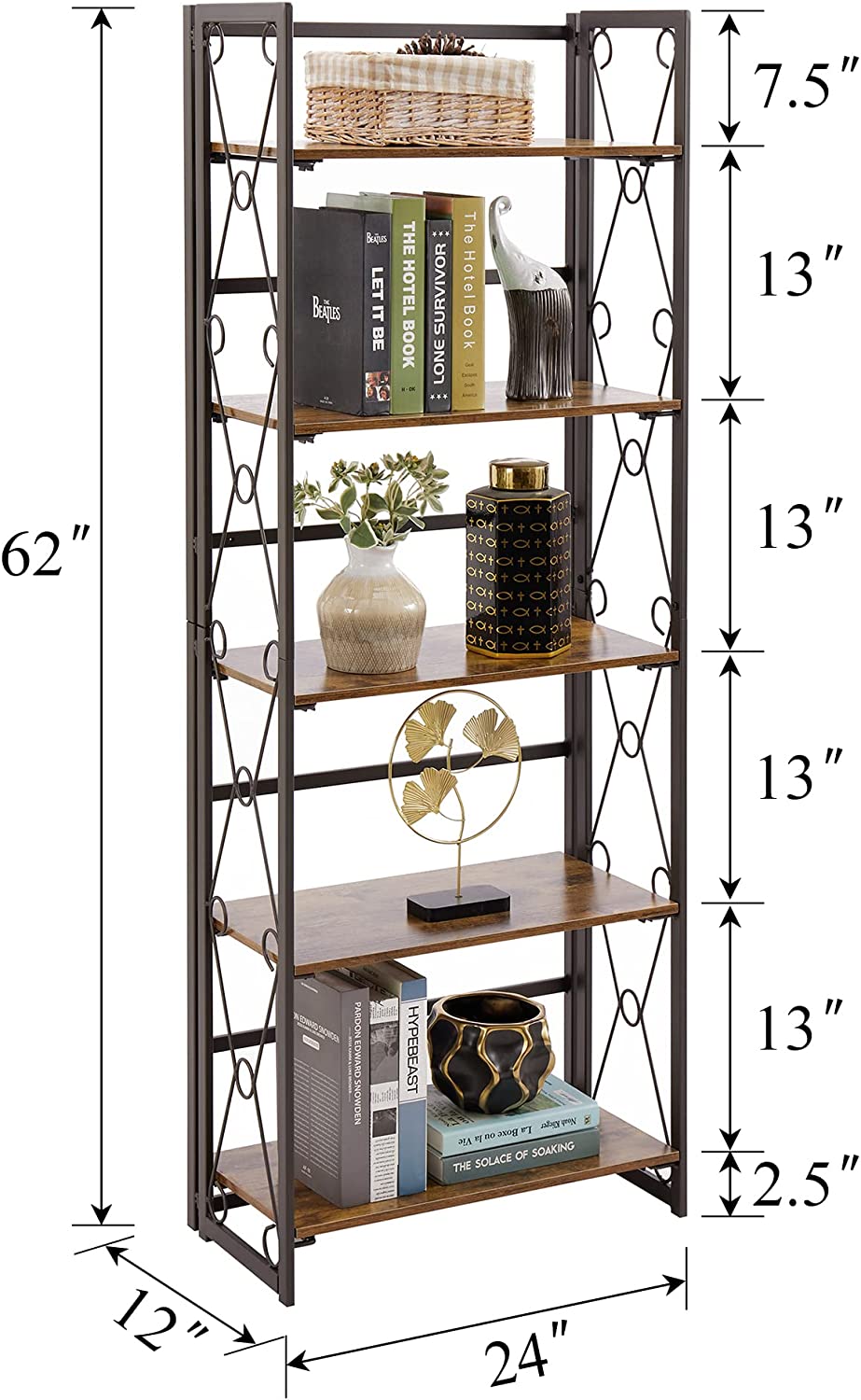 VECELO Bookshelf No Assembly, 5 Shelf Folding Bookcase, Book Shelves Organizer