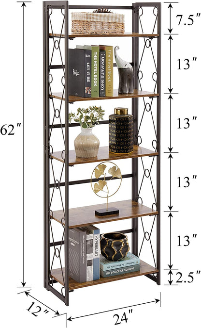 VECELO Bookshelf No Assembly, 5 Shelf Folding Bookcase, Book Shelves Organizer